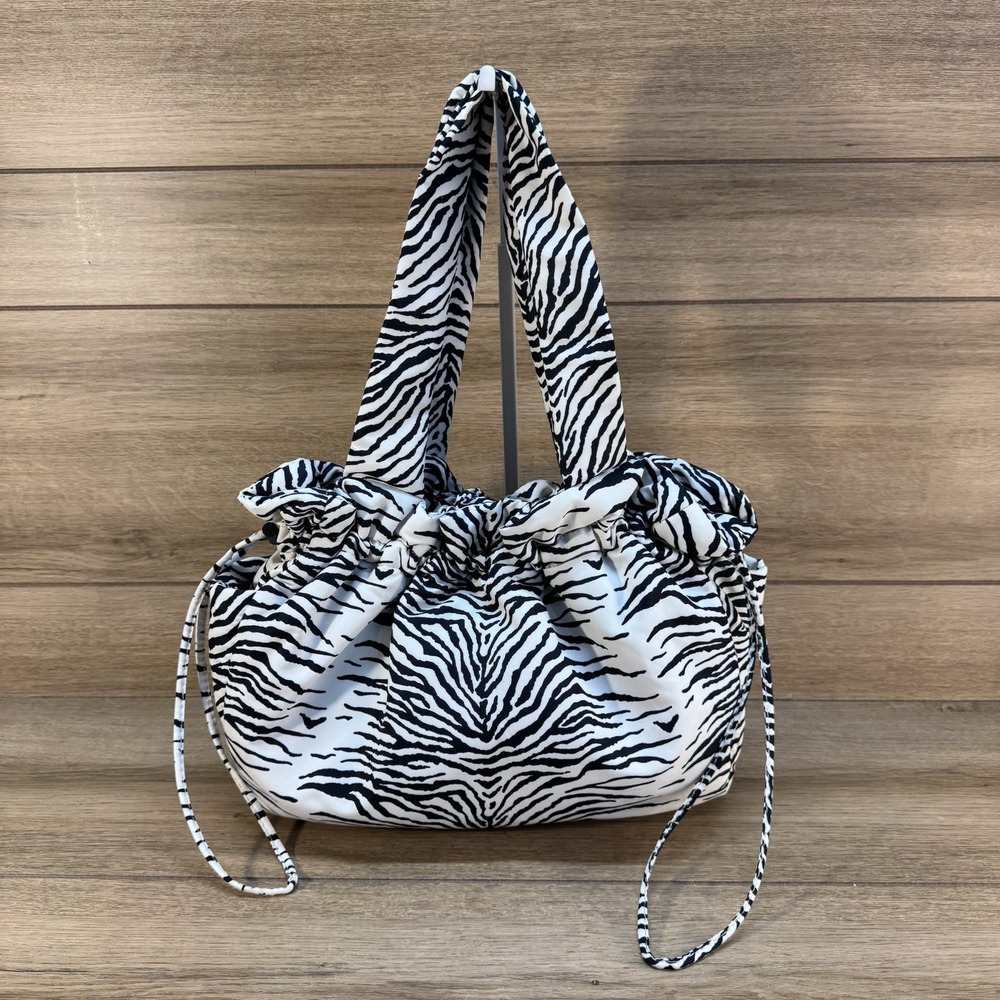 Vince Camuto Saira Nylon Drawstring Tote Shoulder Bag Large Zebra Washable